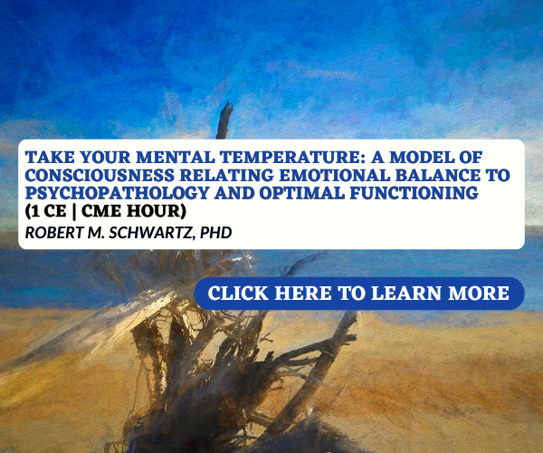Advertisement for a psychology course titled 'Take Your Mental Temperature,' focusing on emotional balance and psychopharmacology, led by Robert M. Schwartz, PHD.