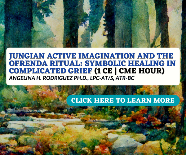 Promotional banner for a lecture on Jungian active imagination and the Ofrenda ritual, featuring a forest background with a creek, and a blue button that says 'Click here to learn more.'
