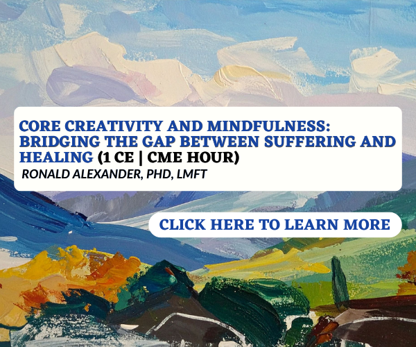 Colorful abstract painting with text overlay promoting a course on creativity and mindfulness titled 'Bridging the Gap Between Suffering and Healing,' taught by Ronald Alexander, PhD, LMFT, with a call-to-action to click to learn more.