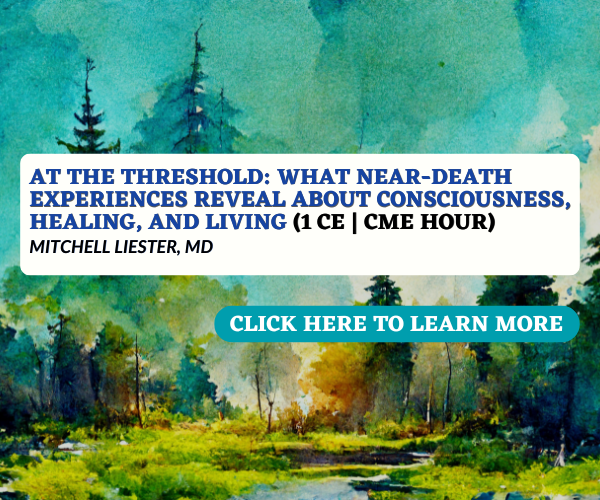 Promotional graphic featuring a watercolor-style landscape of trees and a river with a meeting title about near-death experiences and consciousness, and a clickable call-to-action button to learn more.