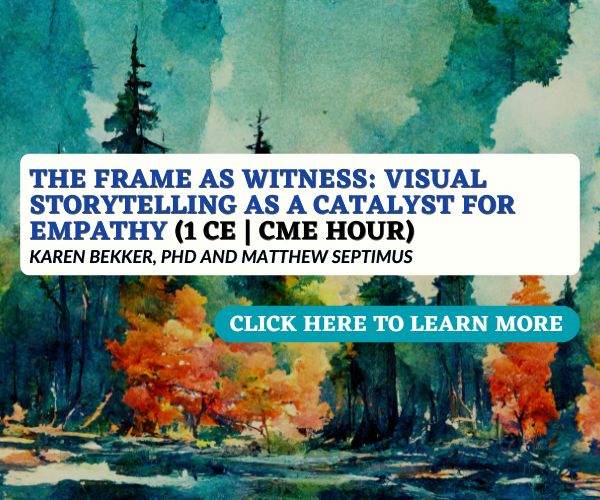 Promotional banner for a presentation titled 'The Frame as Witness: Visual Storytelling as a Catalyst for Empathy', featuring a watercolor landscape of trees and a river, with a call-to-action button saying 'Click here to learn more'.