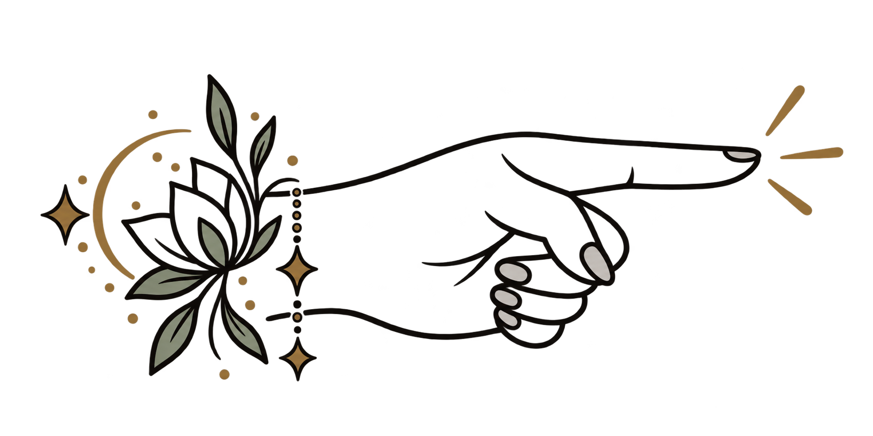 A stylized hand with jewelry, holding a matchstick igniting a flame, with decorative celestial elements like stars, moons, and leaves surrounding it.