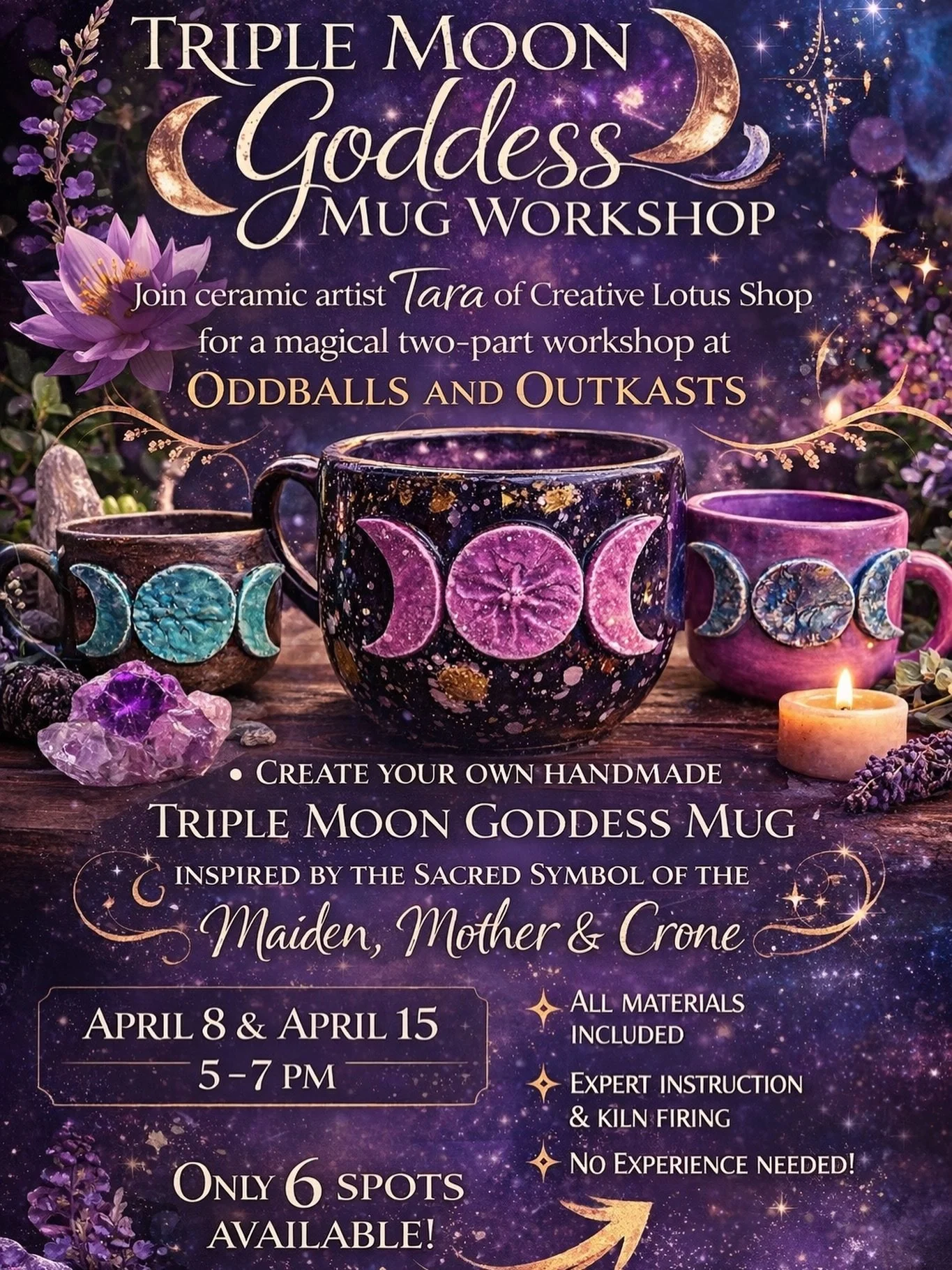 🌙 NEW CERAMIC WORKSHOP ANNOUNCEMENT 🌙

I&rsquo;m so excited to be hosting a Triple Moon Goddess Mug Workshop at Oddballs and Outkasts!

In this magical two-part ceramic class, you&rsquo;ll create your own handmade mug inspired by the sacred symbol 
