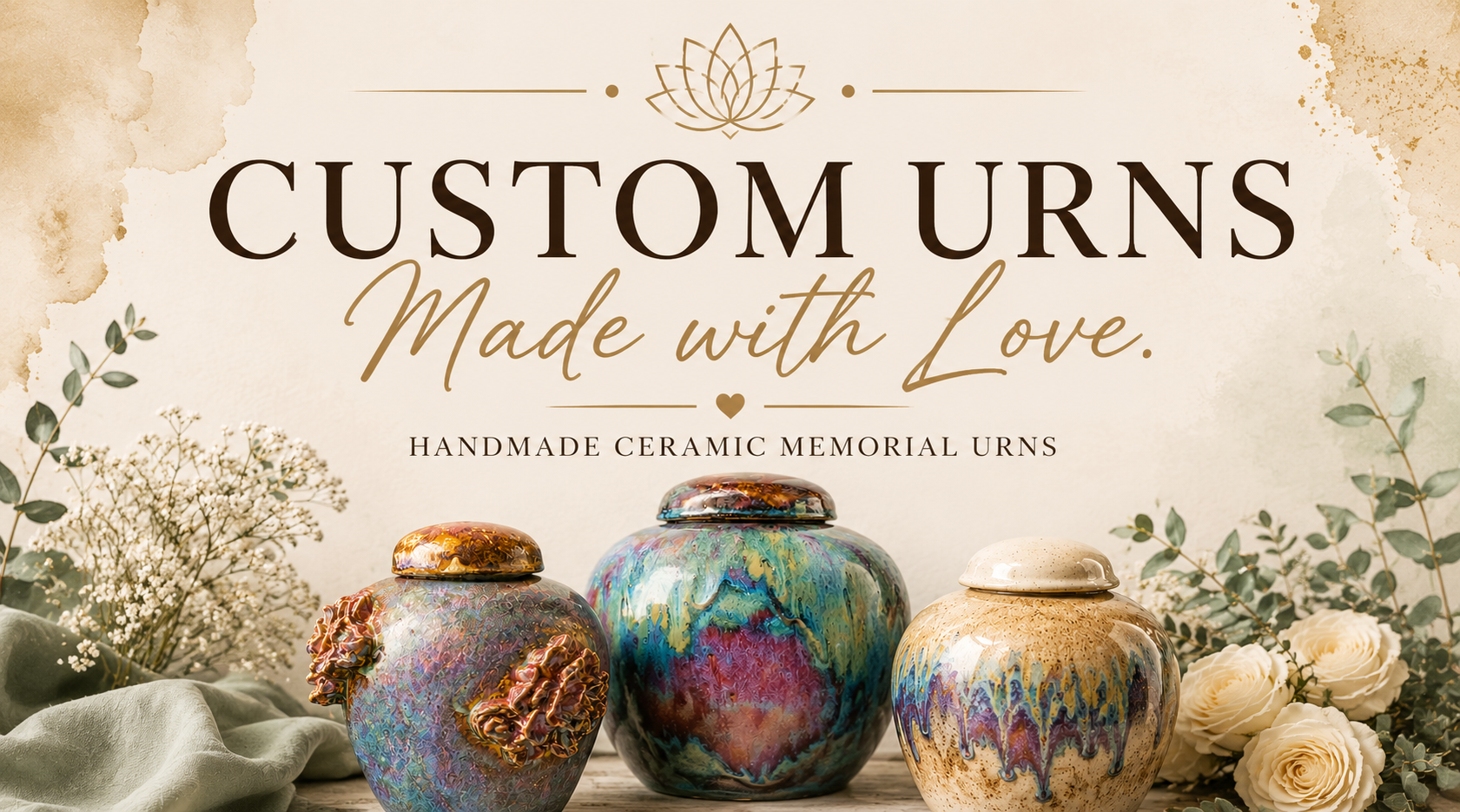 Creative Lotus Shop handmade colorful handmade ceramic urns with lids, surrounded by flowers and greenery, on a rustic wooden table, with a beige background. The text above reads "Custom Urns Made with Love" and "Handmade Ceramic Memorial Urns."