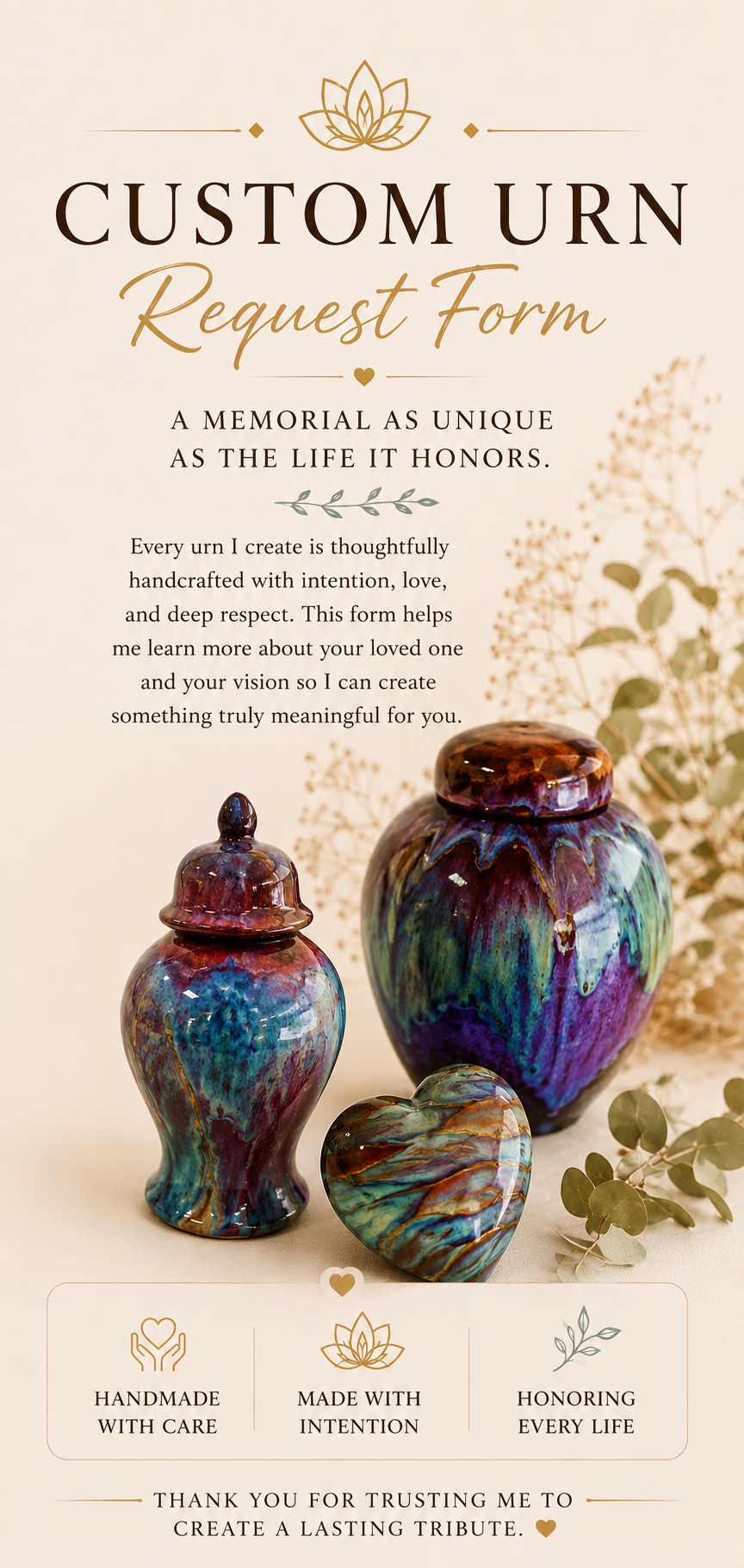 memorial urn request form from creative lotus shop with a decorative lotus flower at the top, featuring colorful handcrafted urns and a heart-shaped piece, surrounded by leaves.