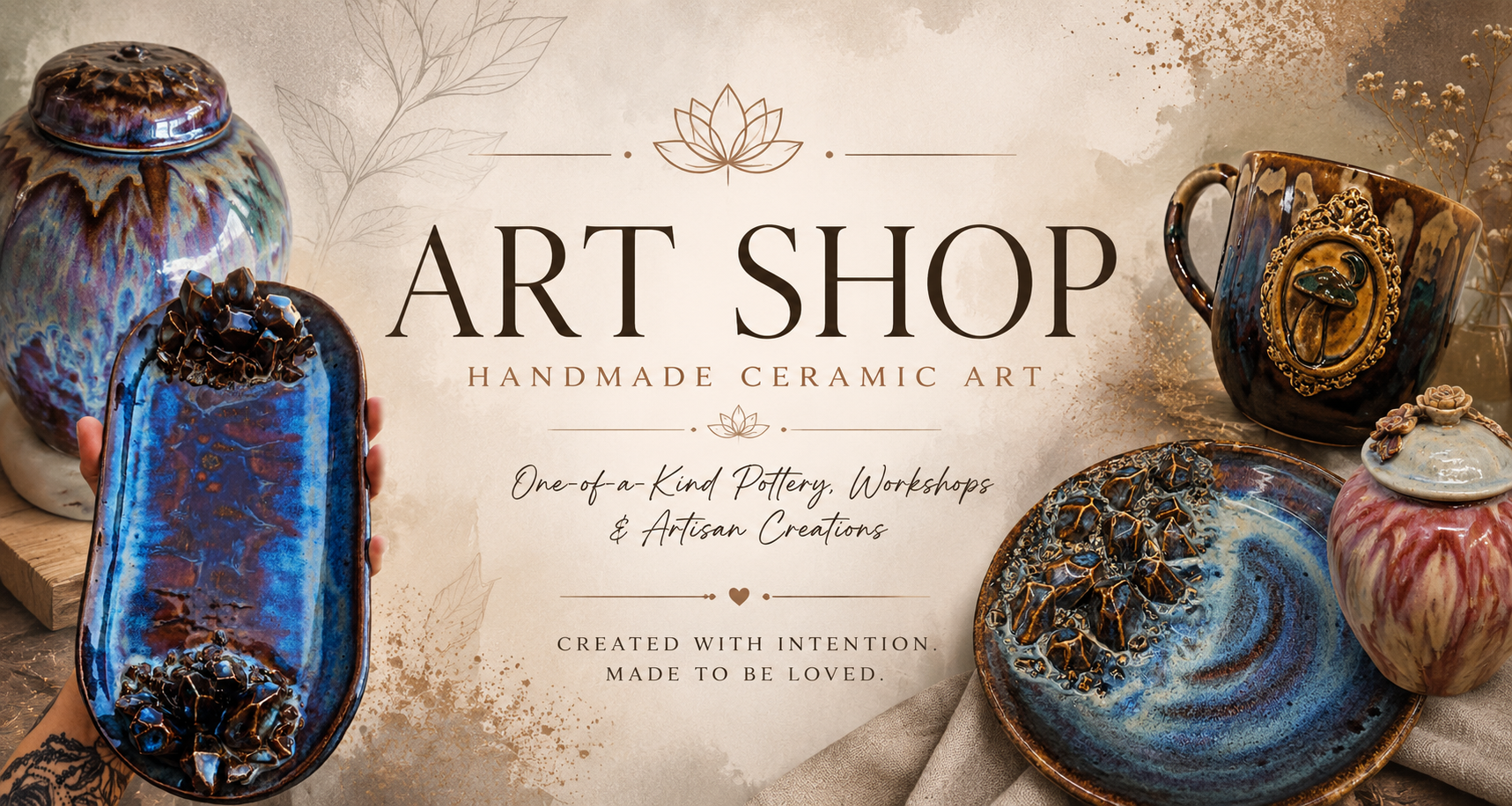 Display of handmade ceramic art including vases, plates, and dishes with intricate glazing and textures at an art shop.