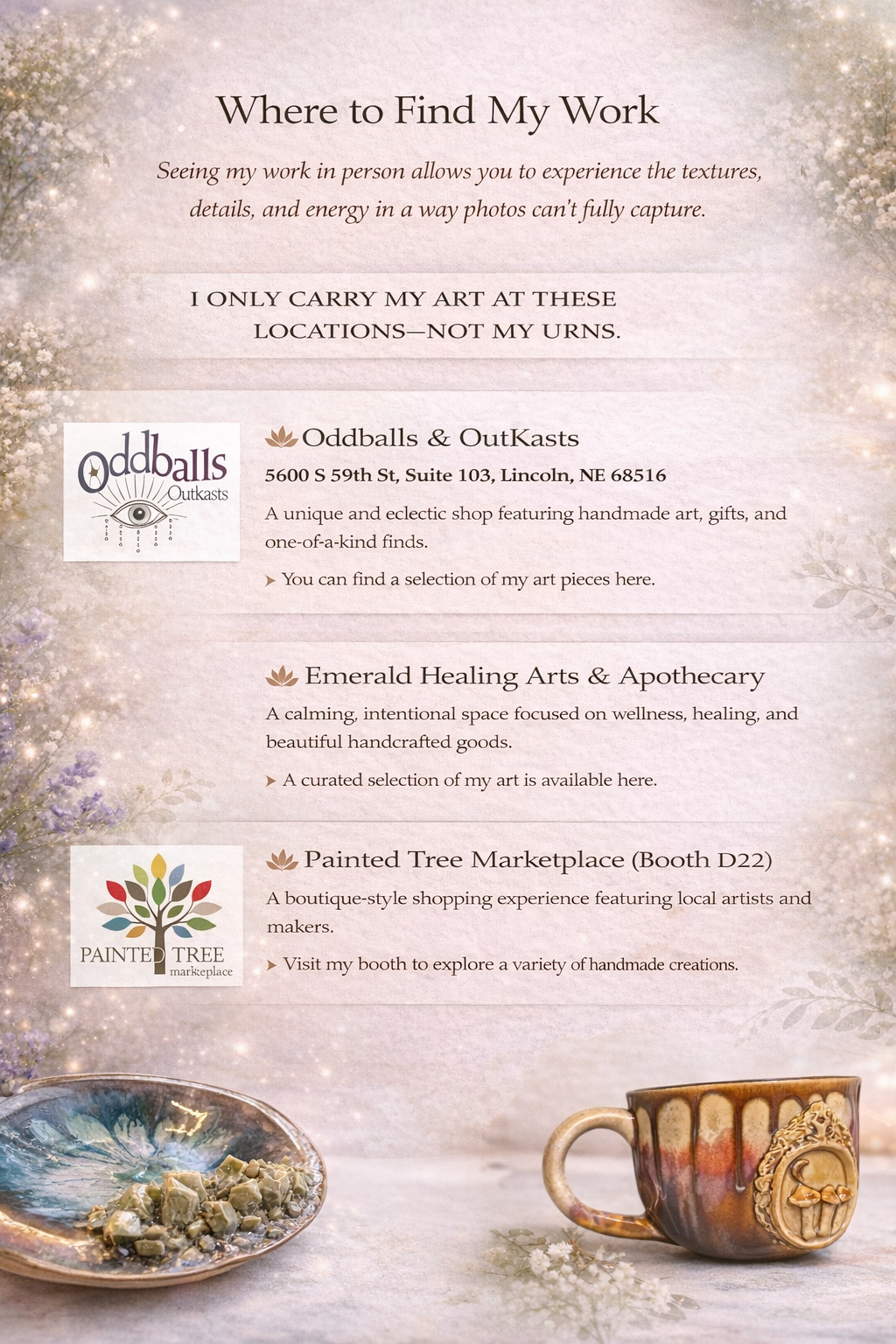Event flyer for art and wellness vendors with decorative background, including artworks, a ceramic mug, and a bowl of stones.