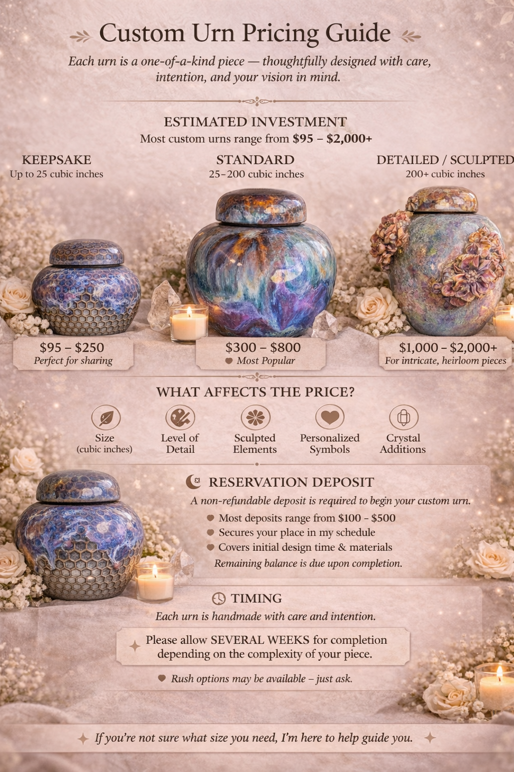 Pricing guide for custom urns with images of three different urn styles labeled Keepsake, Standard, and Detailed/Sculpted, showcasing their size and price ranges, alongside decorative candles and flowers.