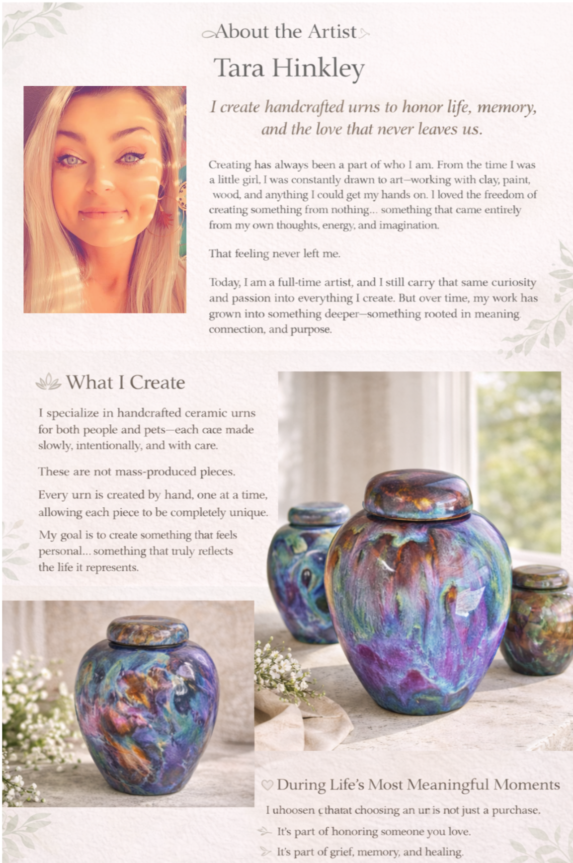 An informational page about Tara Hinkley, an artist who creates handcrafted ceramic urns. The page includes her portrait, a description of her passion for creating art, and photographs of colorful, artistic urns.