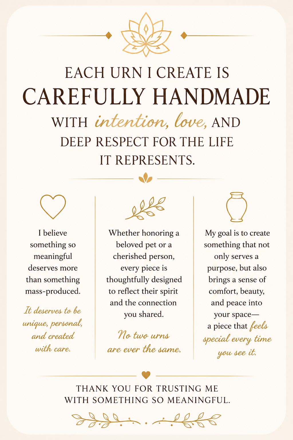 An inspirational quote about creating meaningful urns, with decorative elements like a lotus flower, a heart, a leaf, and a vase, on a beige background.