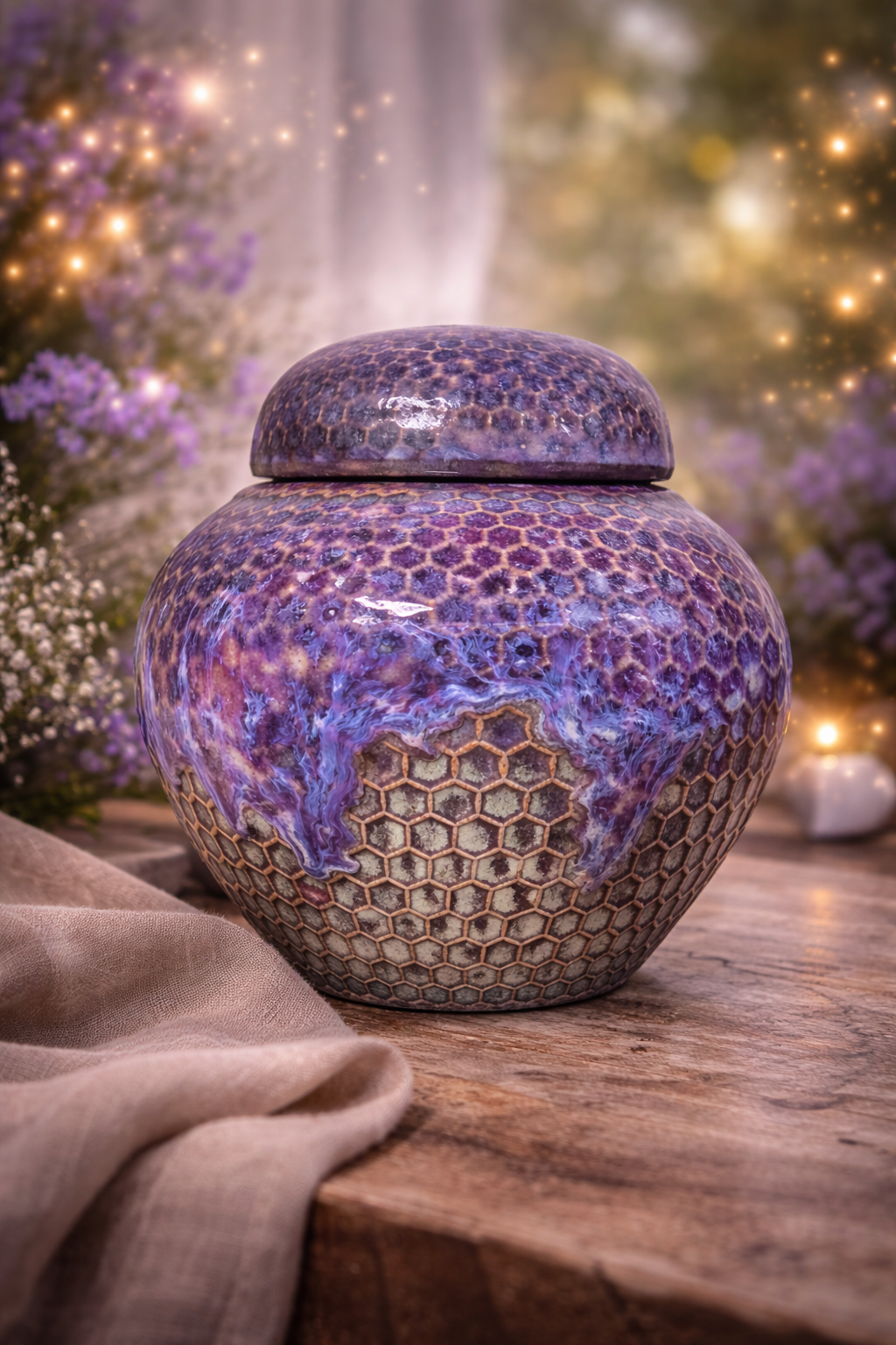 Decorative ceramic jar with purple and blue marbled glaze, featuring honeycomb patterns, placed on a wooden surface with a beige cloth nearby, surrounded by blurred flowers and fairy lights in the background.