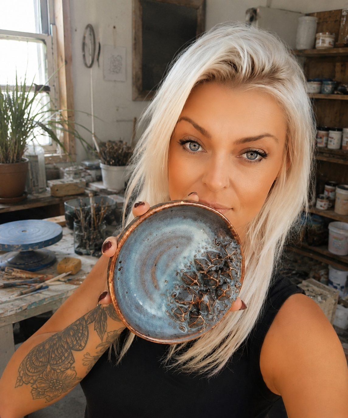 A blonde woman with blue eyes holding a blue and brown glazed ceramic plate close to her face in an art studio, with shelves of art supplies and plants in the background. creative lotus shop