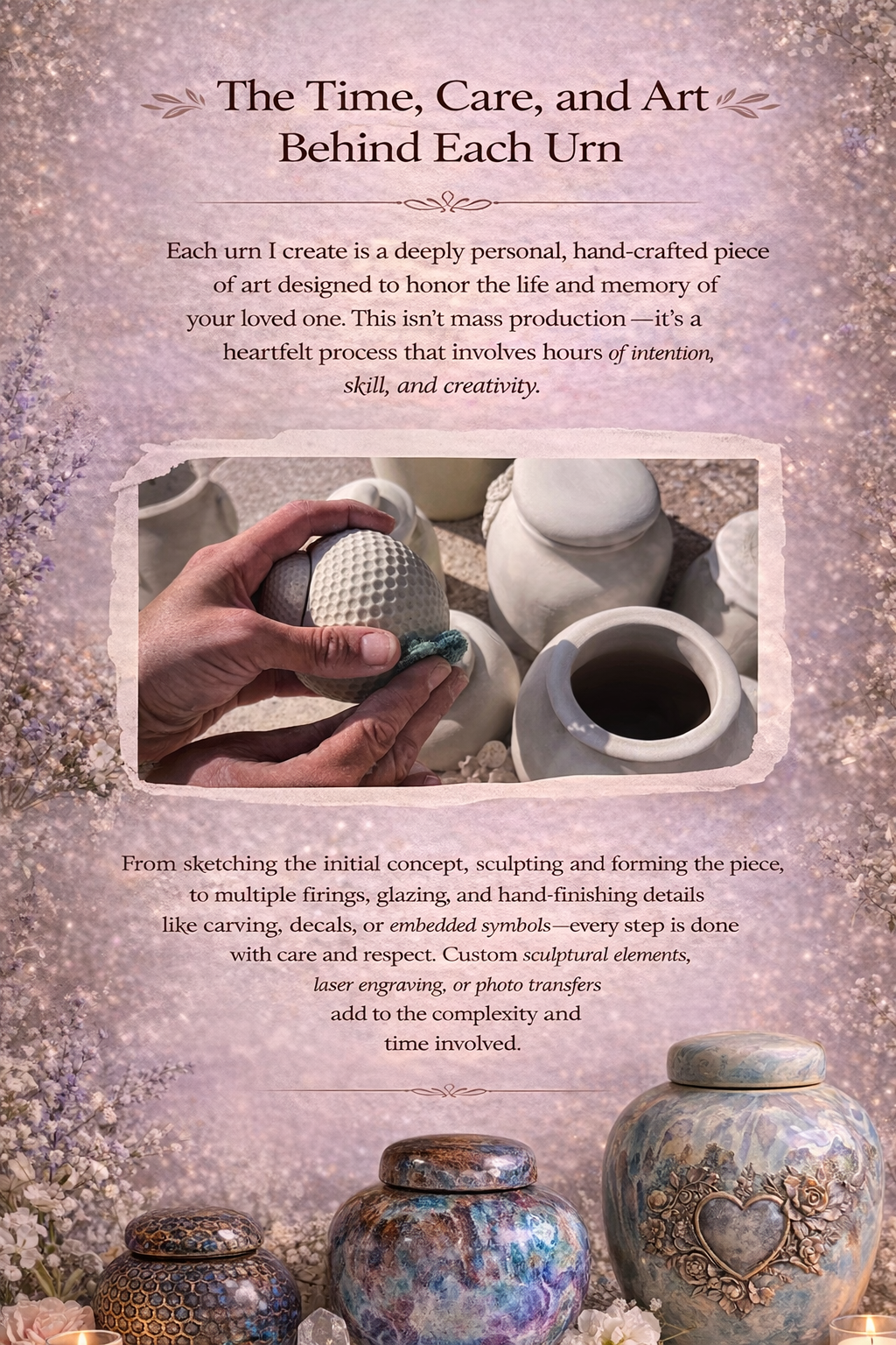 A promotional poster for handmade urns, showing a person's hands polishing a white, textured urn with several unfinished and finished urns around it. The background features soft, pinkish textured design with flowers and candles at the bottom.