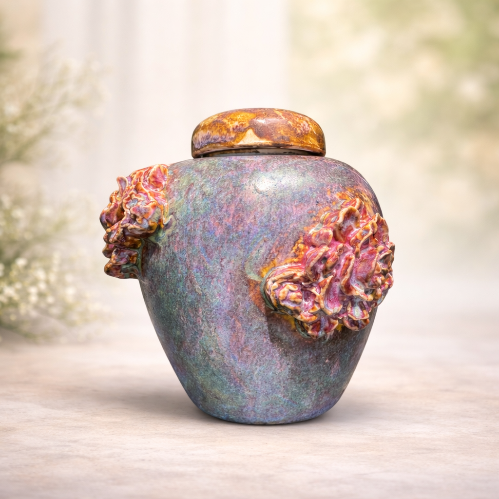 Colorful ceramic Urn with floral textured embellishments on a light wooden surface made by Tara Hinkley from Creative Lotus Shop