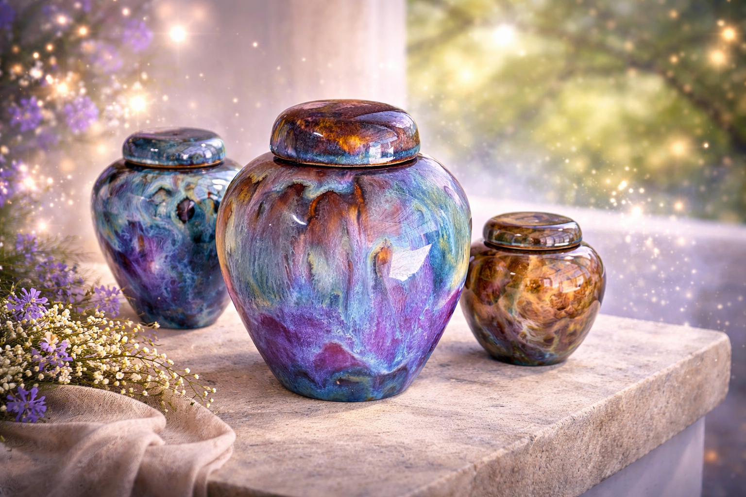 Three colorful ceramic urns with lids on a stone surface, with purple flowers and a dreamy, sparkly background.