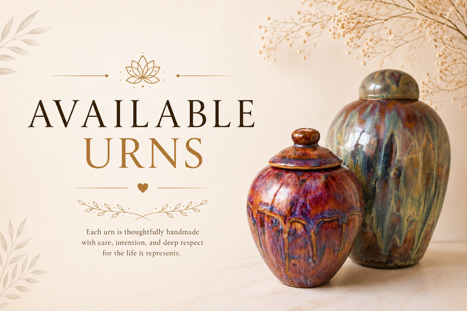 Two handmade ceramic urns with colorful, marbled glaze on a light background, accompanied by text about their availability and craftsmanship.