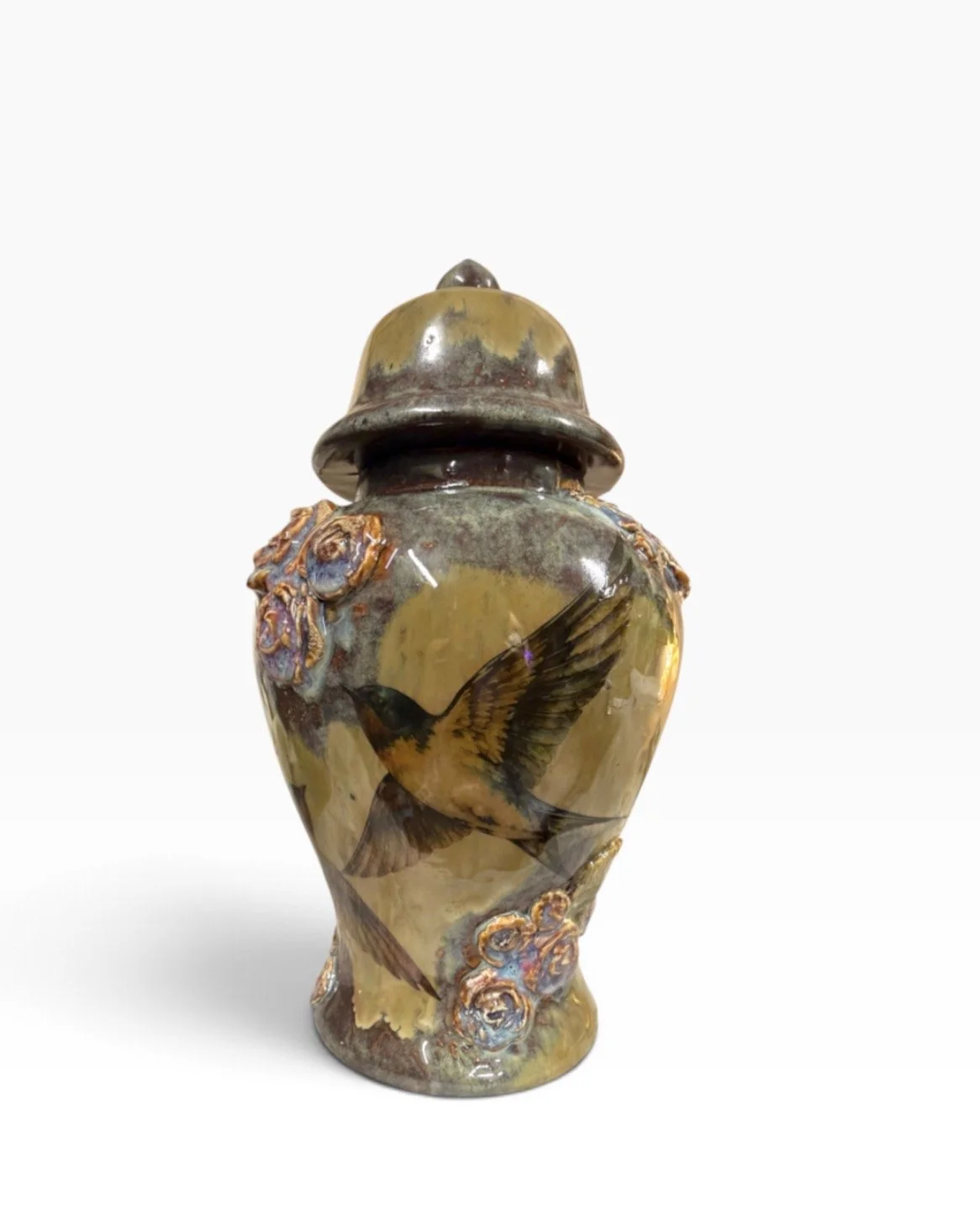 Decorative ceramic urn with a hummingbirds and floral design hand made by creative lotus shop