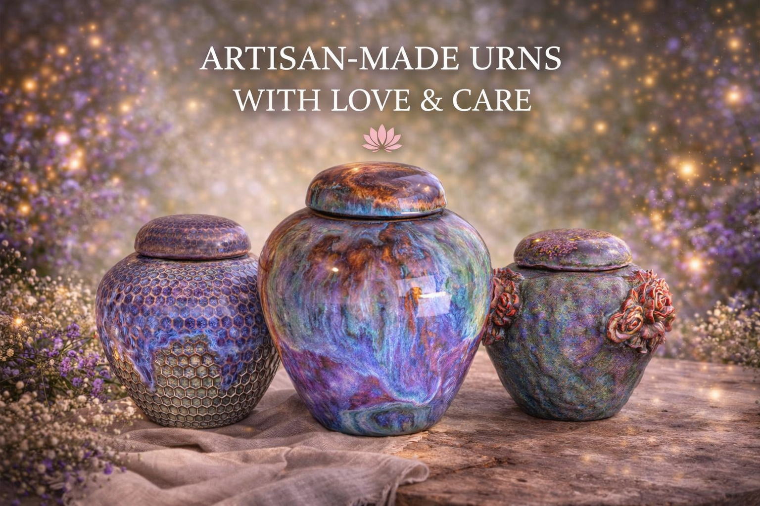 Three colorful artisan-made urns with lids, decorated with unique patterns and textures, displayed on a wooden surface with a floral background. The text reads 'Artisan-Made Urns with Love & Care'.