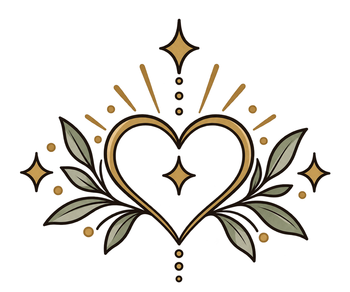 A Tattoo-style illustration of a heart surrounded by leaves, stars, and radiant lines, featuring a gold and black color scheme.