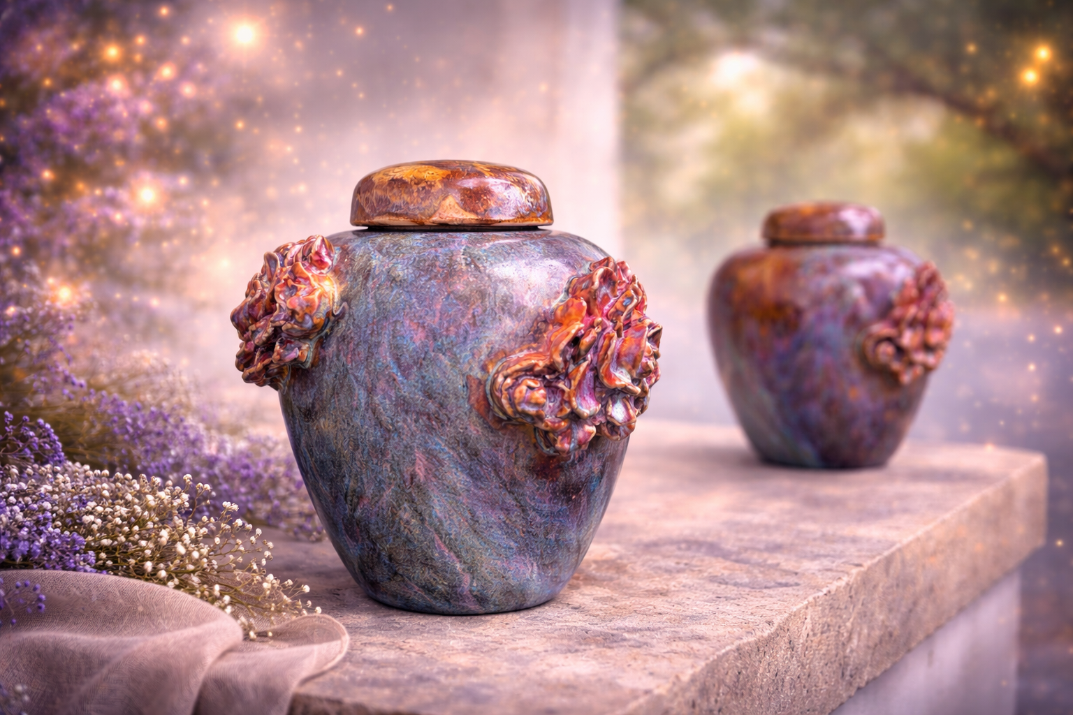 Two decorative ceramic urns with textured floral designs on a stone surface, surrounded by lavender flowers and a soft, glowing background.