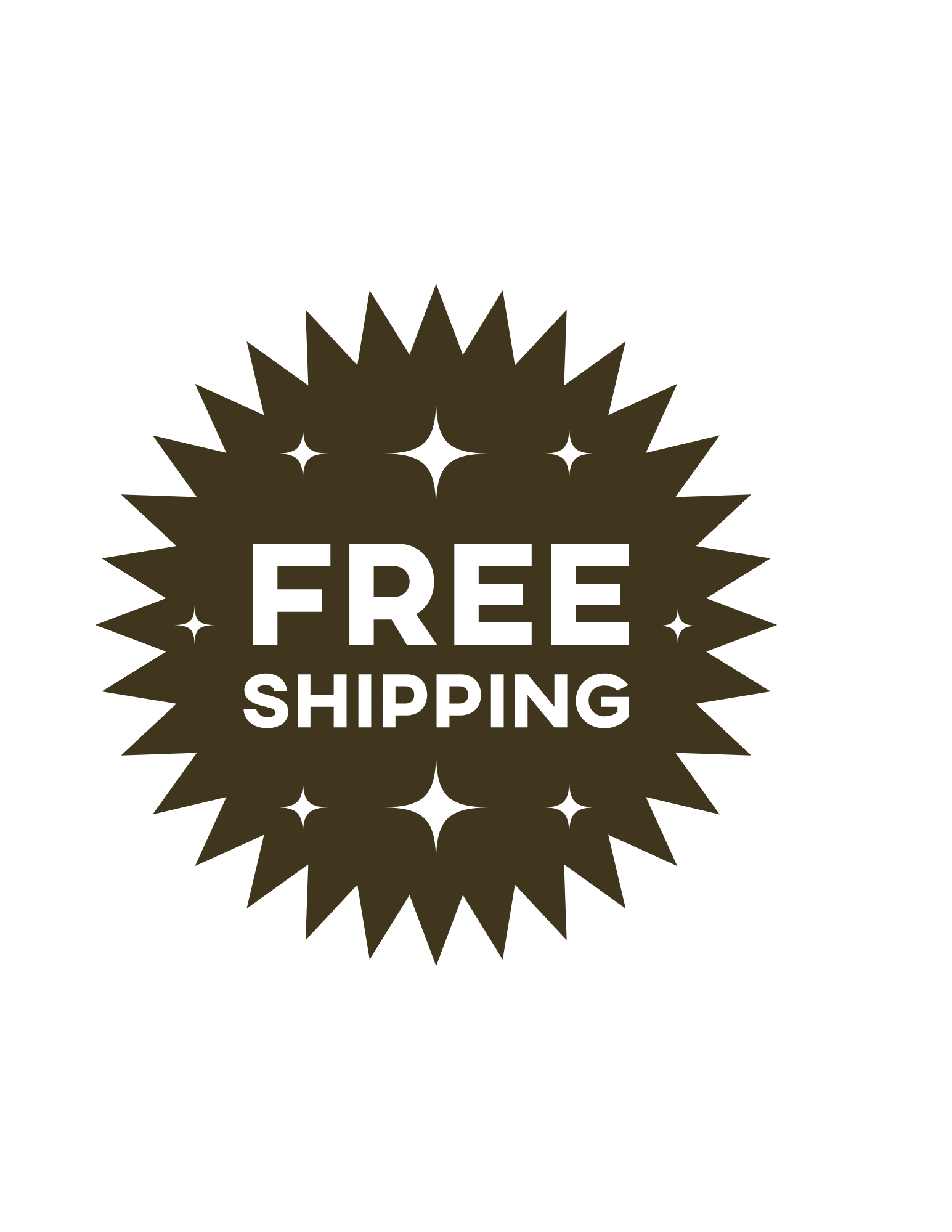 Black background with a starburst shape in gold with white sparkling stars and white text that says 'FREE SHIPPING'.
