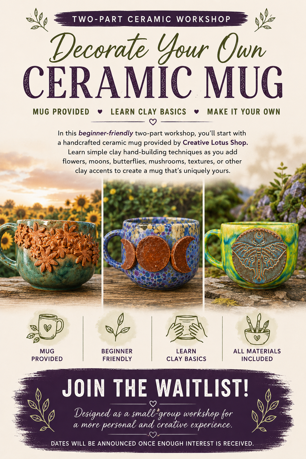 Poster advertising a two-part ceramic workshop to decorate your own ceramic mug. Features images of three decorated mugs with sunflowers, moons and butterflies designs. Includes information about mug provided, clay basics, all materials included, and joining the waitlist. Designed for a small group, beginner-friendly, with dates to be announced.