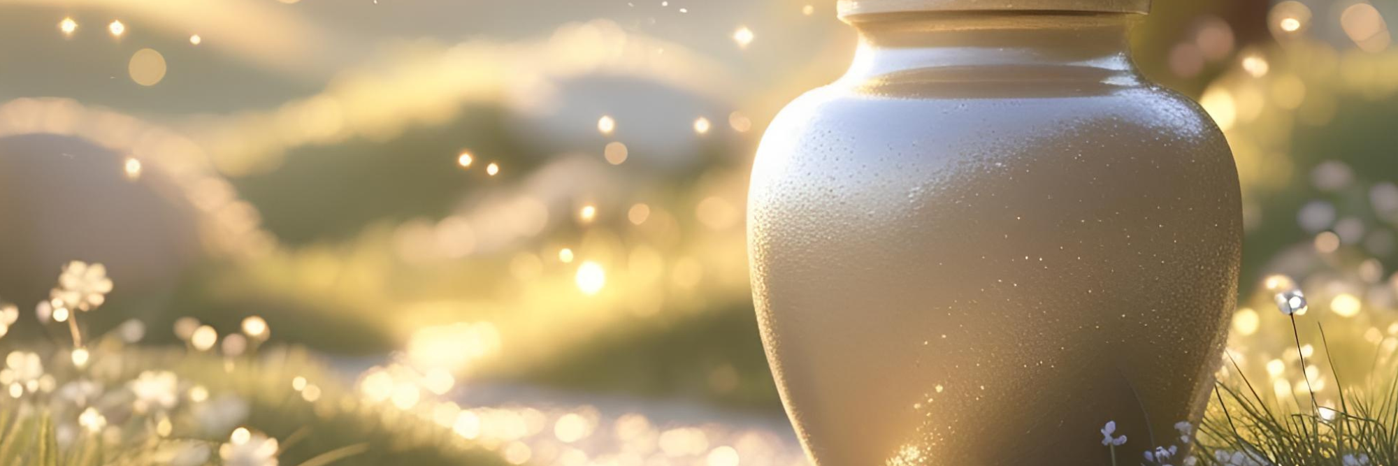 A beige ceramic vase with water droplets, sitting in a field of small white flowers, illuminated by soft warm sunlight with a blurred background of more flowers and glowing bokeh lights.