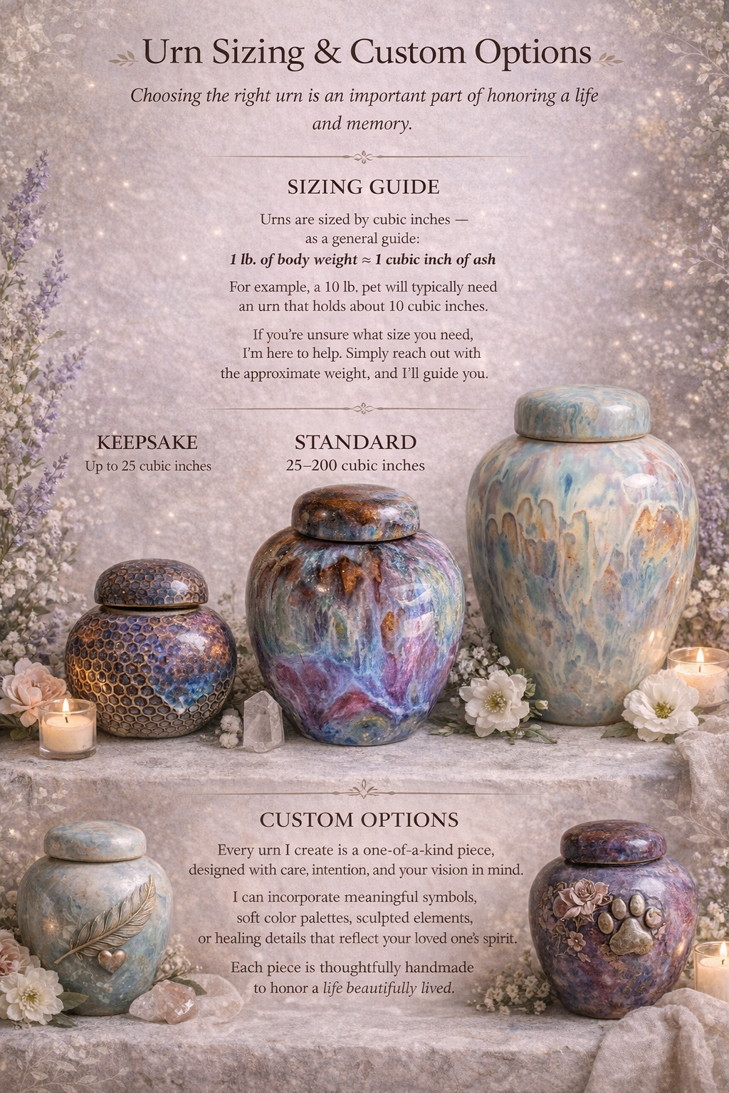A display of three colorful, marbled urns with a guide on sizing options and customization, decorated with flowers, candles, and crystals.