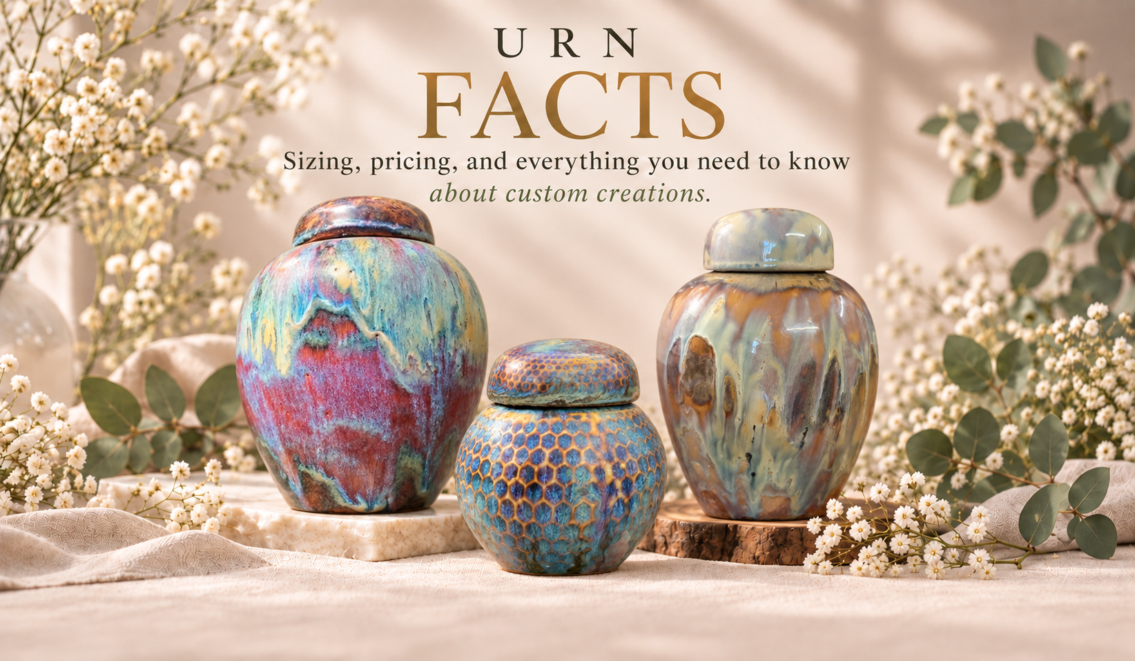 Three colorful ceramic urns with floral designs on a table decorated with white flowers and eucalyptus sprigs, with informational text about custom ceramic creations.