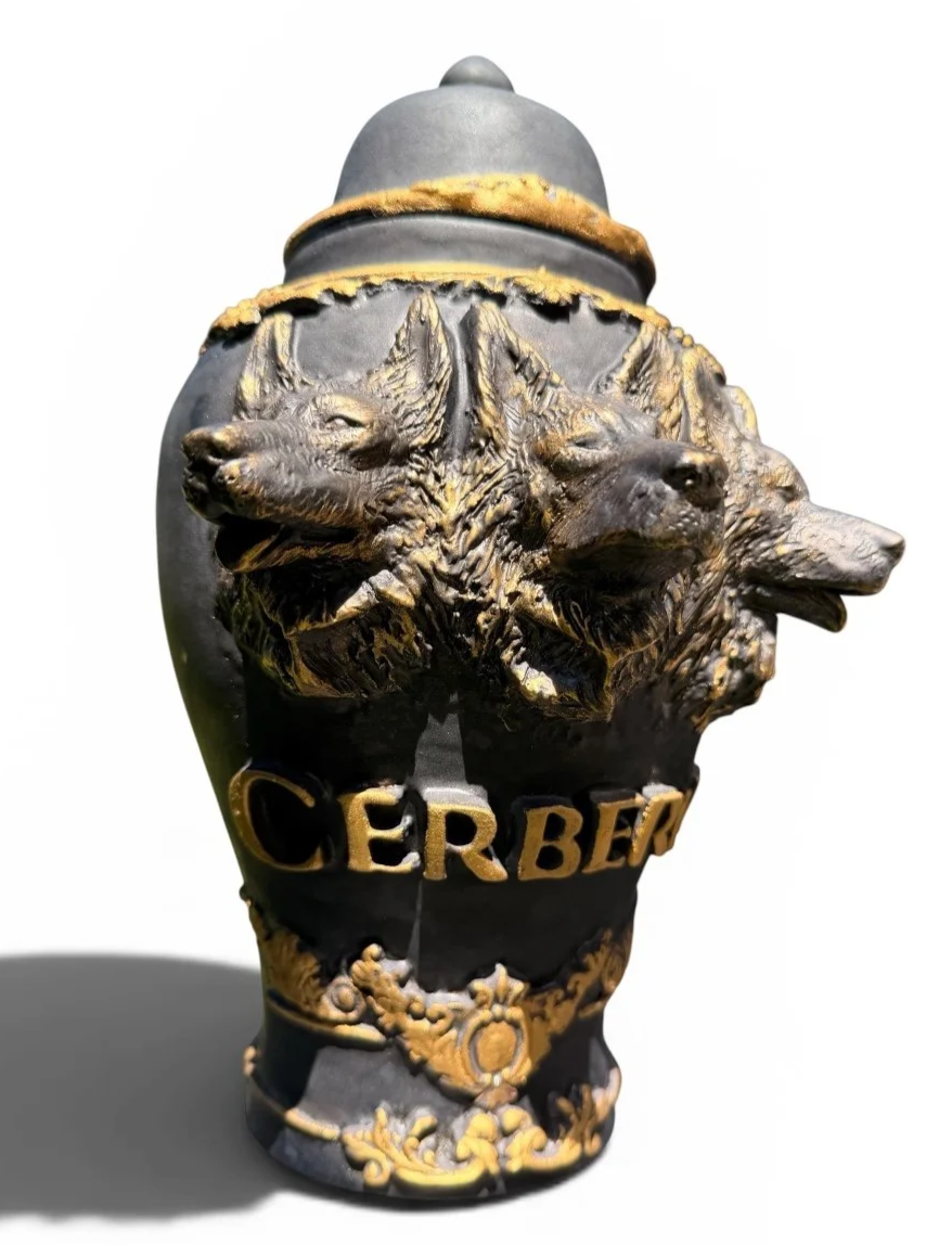 Ceremonial Custom Urn with detailed dog heads and decorative elements, inscribed with the word 'CERBEA'. made by Tara Hinkley