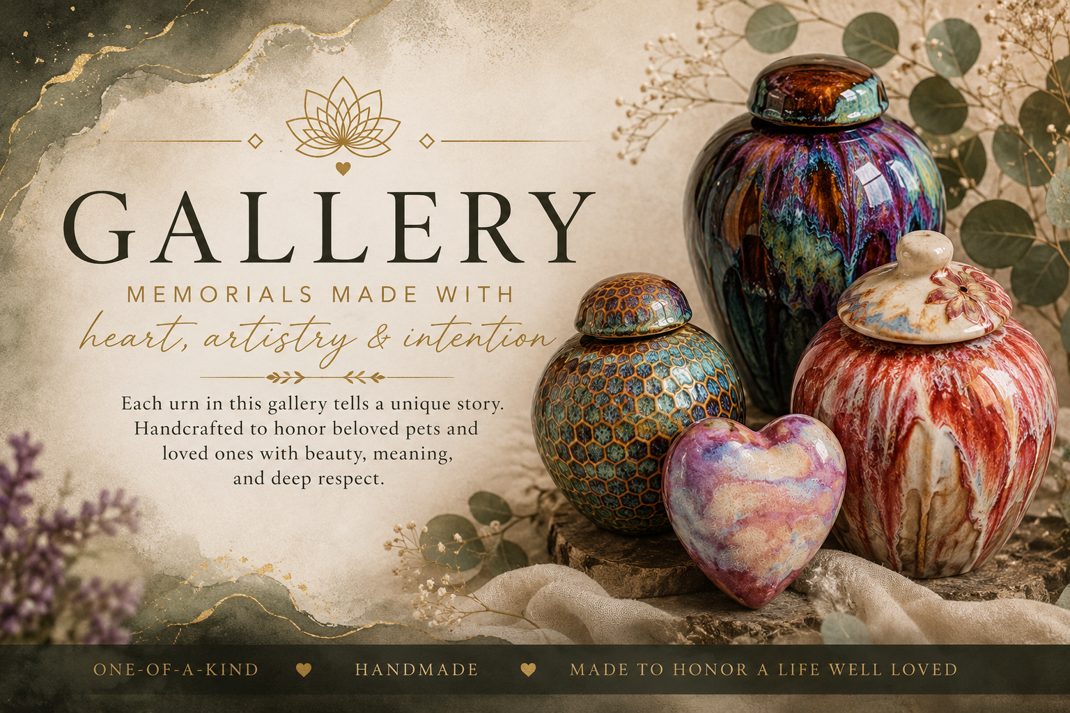 Gallery of handmade ceramic memorial urns featuring custom pet urns and personalized cremation keepsakes by Creative Lotus Shop.