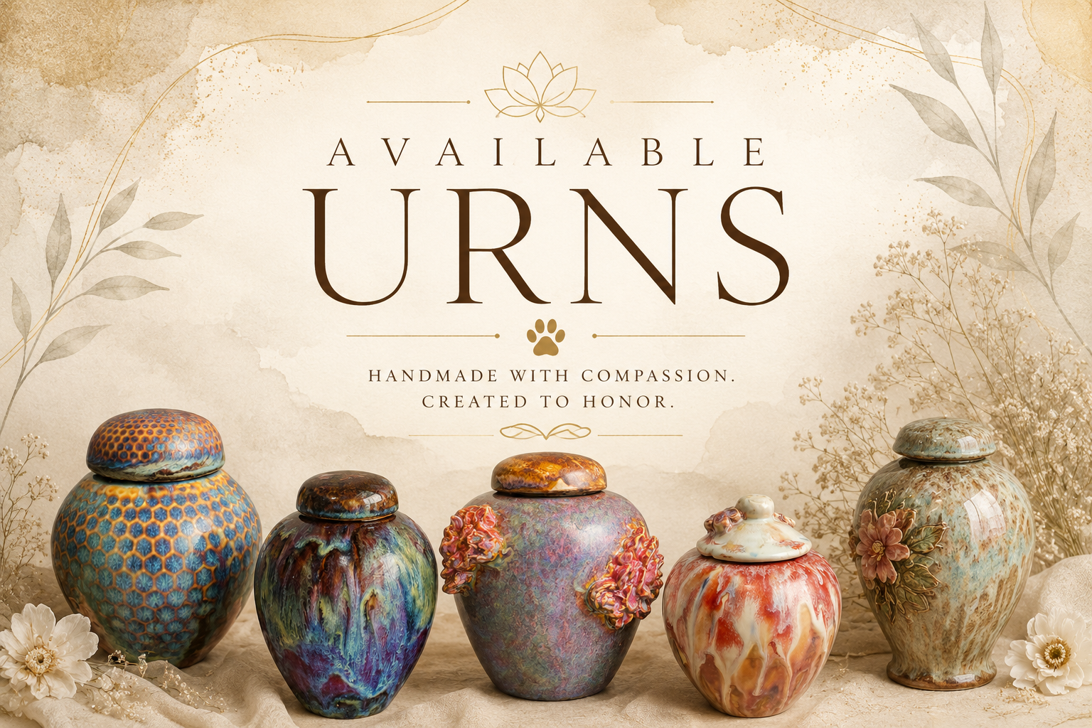 Collection of handmade ceramic urns for pets and loved ones, featuring one-of-a-kind memorial vessels with artistic glazes, sculptural details, and personalized remembrance designs.