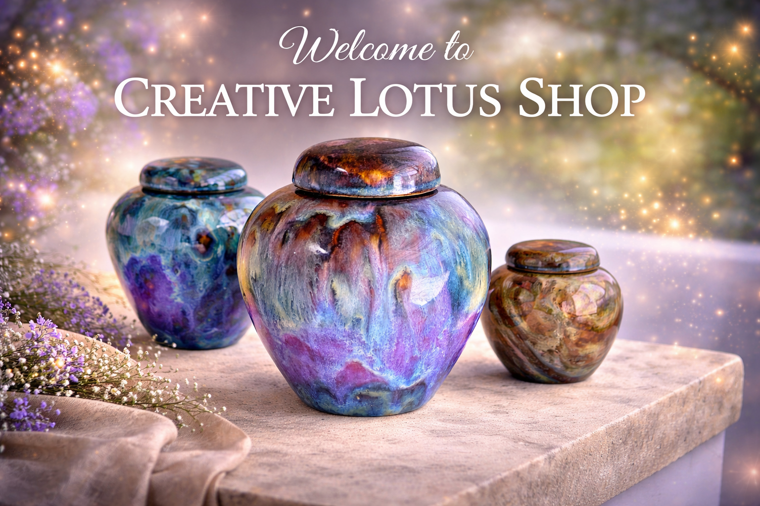 Colorful ceramic urnss with a marble-like swirl pattern on a light stone surface, with a background of glowing lights and purple flowers, and text saying "Welcome to Creative Lotus Shop."