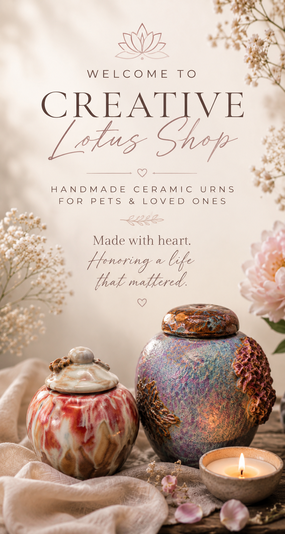 A sign for the Creative Lotus Shop, a boutique selling handmade ceramic urns for pets. The sign has delicate flowers, peaceful colors, and elegant text. In front of the sign are two colorful, textured ceramic urns, a small candle, flowers, and petals creating a warm, inviting display.