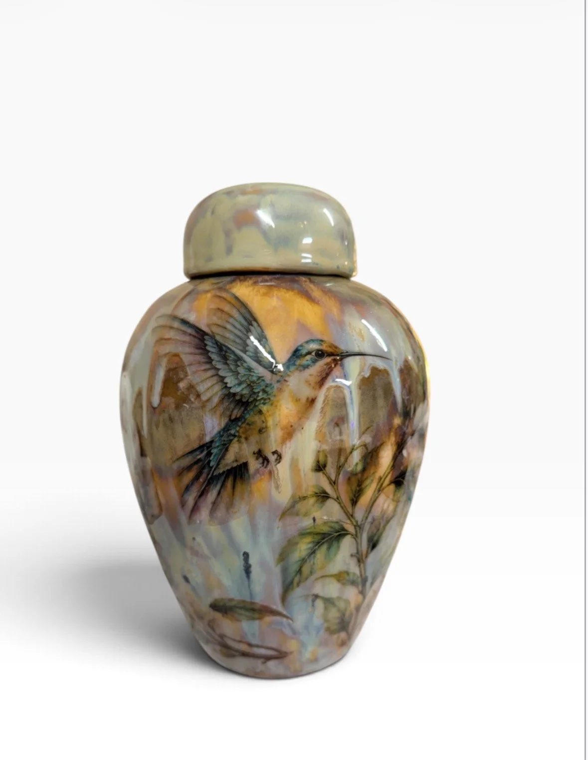 Hummingbird Ceramic Urn with Flowers | Handmade Memorial Cremation Urn