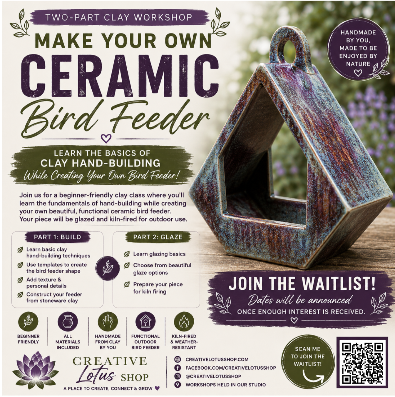Poster advertising a two-part clay workshop on making ceramic bird feeders, with a photo of a glazed ceramic bird feeder on a wooden surface, and details about the workshop, materials, glaze options, and registration.
