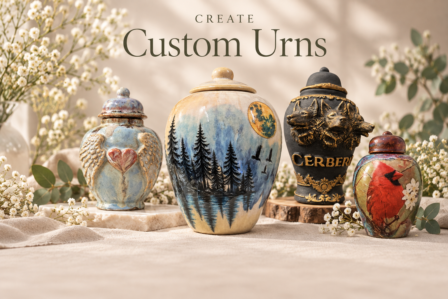 Collection of decorative urns with nature motifs, including tree and bird designs, displayed among white flowers and green leaves.
