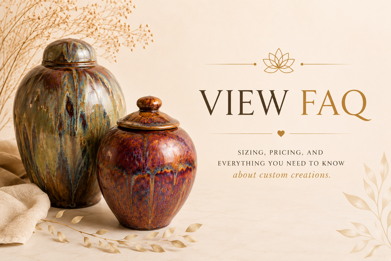 Cover image for a FAQ about custom ceramic vases, featuring two colorful, glazed ceramic jars with lids on a beige surface surrounded by dried leaves and beige fabric, with text overlay.