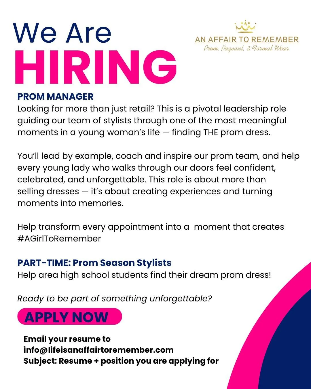 Now hiring 💫

#AGirlToRemember #PromSeason #FashionCareers #FayettevilleNC