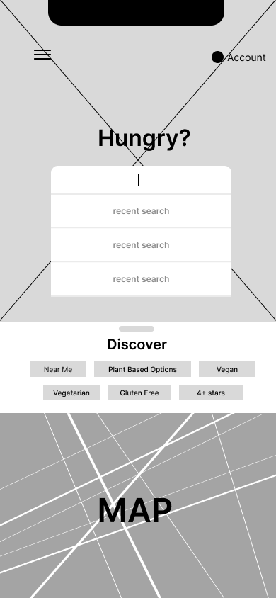 Mobile app mockup showing a food discovery interface with options for recent searches, dietary preferences, and a map feature.