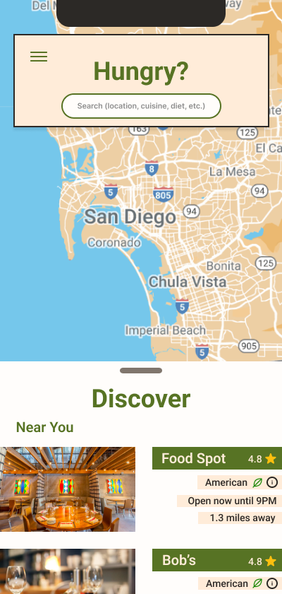 Map of San Diego area, search bar for food, and list of nearby restaurants including 'Food Spot' and 'Bob's', American cuisine, with ratings and distance details.