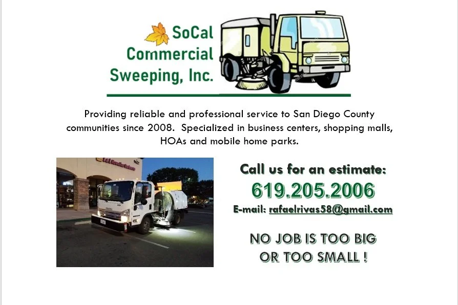 Flyer for SoCal Commercial Sweeping, Inc. Featuring a logo with a leaf and sweeper truck. Offers services for San Diego County. Contact phone: 619-205-2006, email: rafaelrivas58@gmail.com. Includes an image of a street sweeper truck.