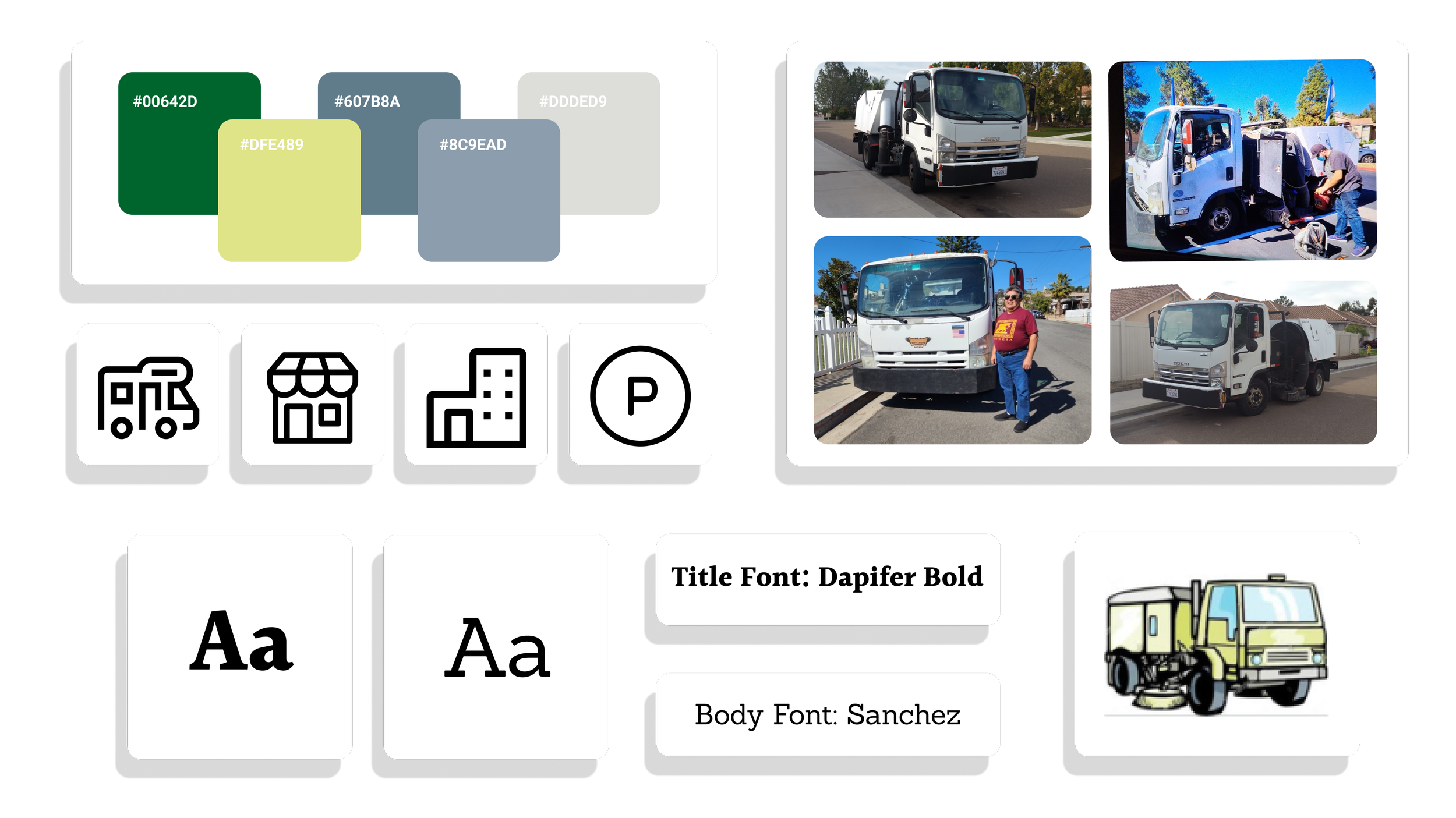 Image collage showing color palette swatches, street sweeper vehicle photos, icons representing different services, and font samples. Includes a graphic of a sweeper truck.