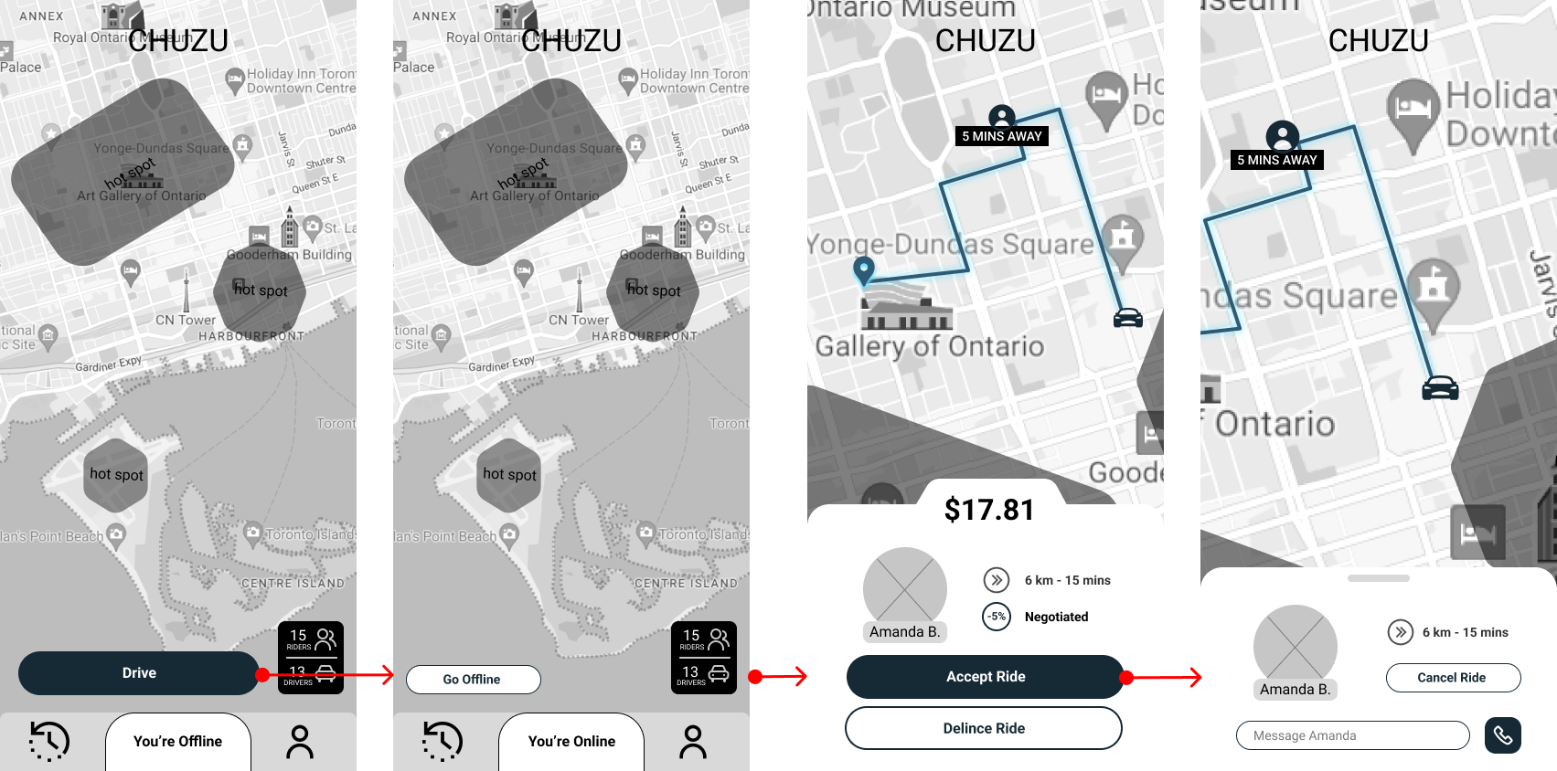 Four screenshots of a ride-sharing app interface featuring map views with hot spots, a route on a map, ride request details, and options to accept or decline a ride.