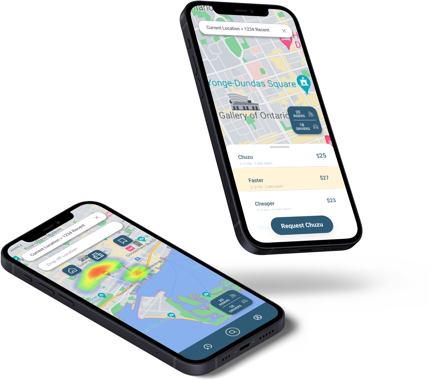 Two smartphones displaying a ride-sharing app with maps showing locations in Toronto and ride options.