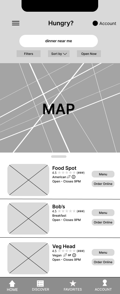 Mobile app interface for food search, including a local map, search bar with 'dinner near me' input, filter options, restaurant listings with ratings, cuisine types, open hours, and buttons for viewing menus or ordering online.
