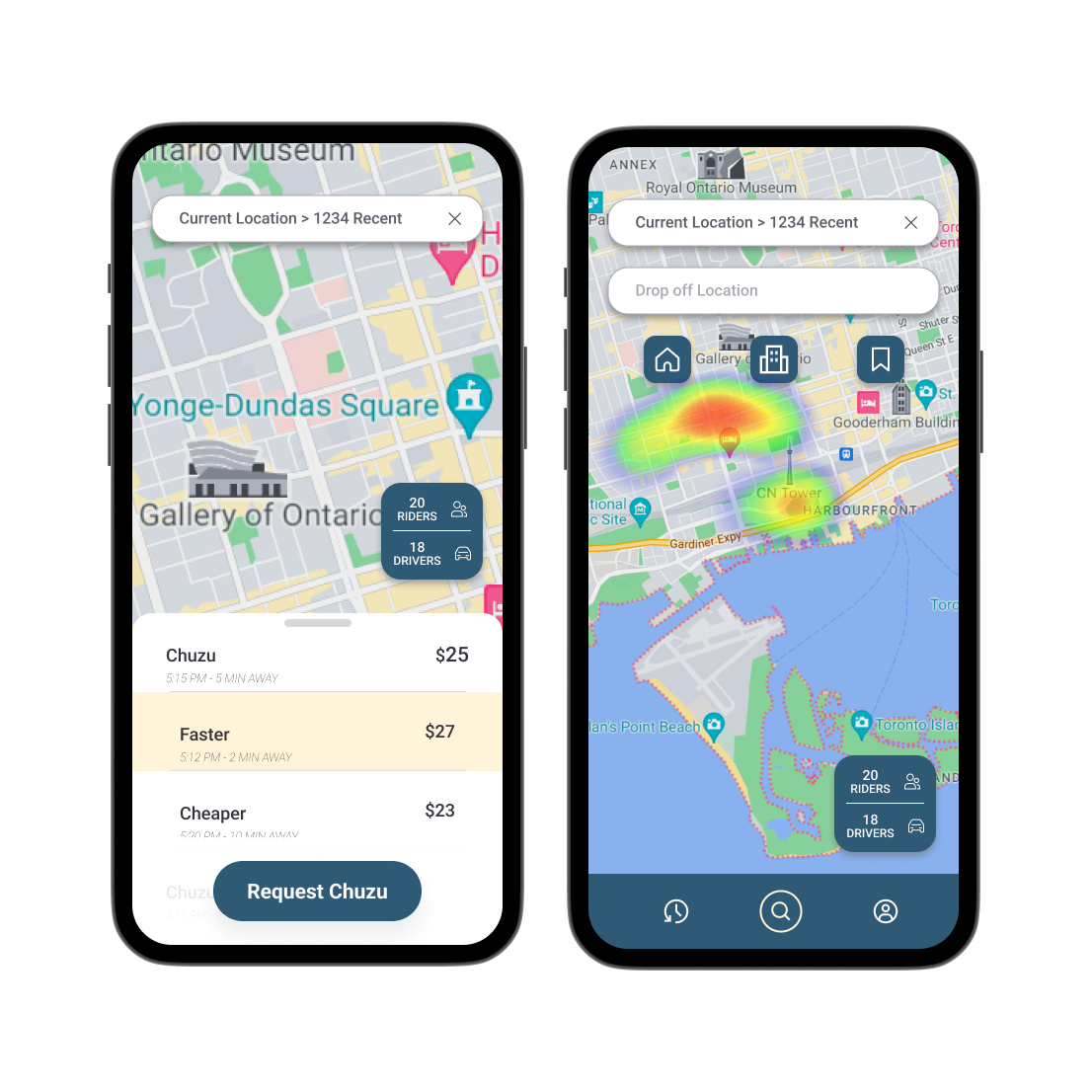 Two smartphones displaying a ride-hailing app interface. The left screen shows ride options including Chuzu, Faster, and Cheaper with their prices and estimated arrival times. The right screen displays a map with a heat map overlay indicating rider demand, and icons for user profile, home, and search features. Both screens indicate current location as "1234 Recent."