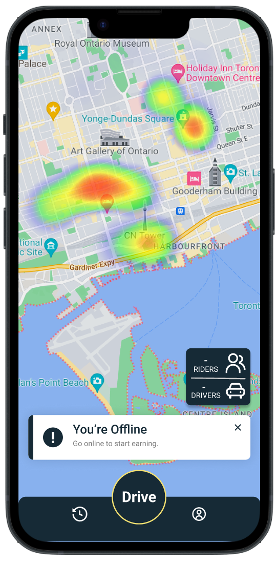 Smartphone displaying a map of Toronto with heat map overlays indicating high demand areas for drivers. A notification at the bottom reads "You're Offline," prompting the user to go online to start earning. Buttons for riders, drivers, and a drive option are also visible.