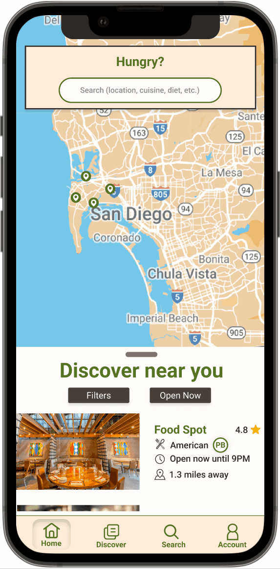 Mobile app screen showing a map of San Diego with restaurant locations marked, a search bar for food-related queries, and a featured American restaurant called "Food Spot" with a 4.8-star rating, open until 9 PM, located 1.3 miles away. Navigation icons for Home, Discover, Search, and Account are at the bottom.