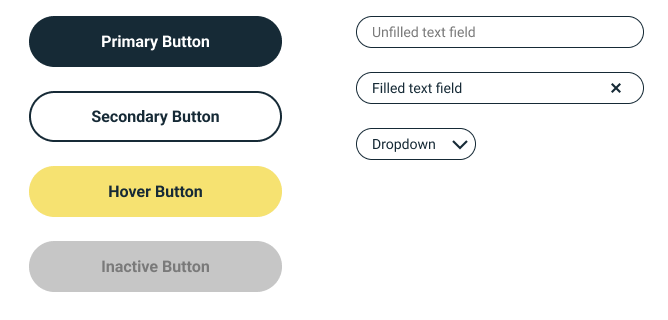 UI design elements including primary, secondary, hover, and inactive buttons, text fields, and a dropdown menu.